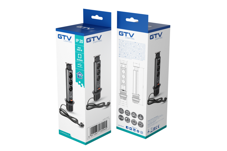 Блок розеток GTV d 60 3 розетки SCHUKO 2xUSB провід 1,5м Чорний AE-BPW3S60U-20 фото