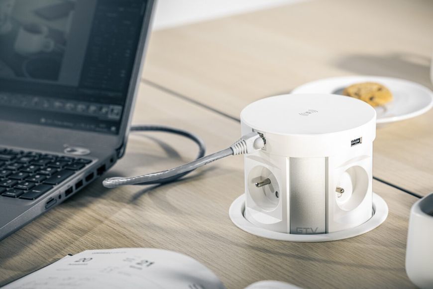 Блок розеток GTV COMFORT PLUS 120мм 4 розетки SCHUKO 2xUSB 2,4A 2xRJ45 WC 5W провід 1,5м Білий AE-BPW4S120P-10 фото
