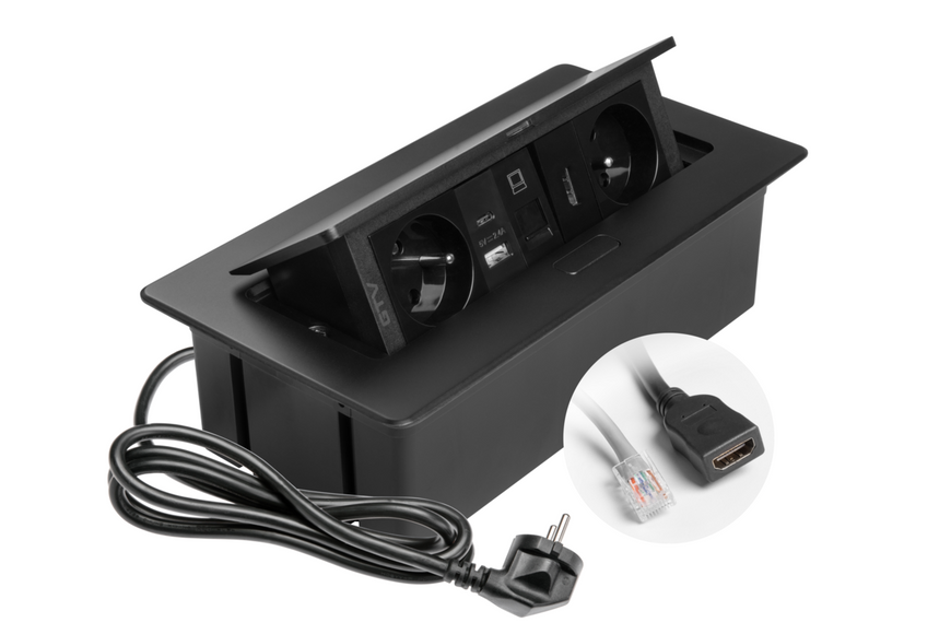 Блок розеток GTV MULTISOFT 2 розетки SCHUKO USB А+С + HDMI провід 1,5м з вилкою Чорний AE-PBSURH2GS-20 фото