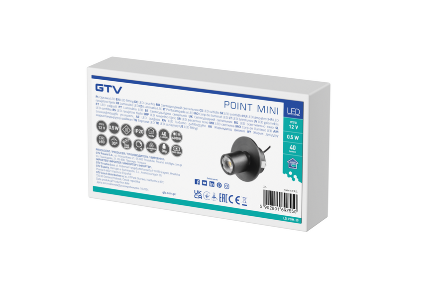 Світильник GTV POINT MINI з регулюванням, 12V DC, 0.5W, 1x2835 LED, 4000K, чорний, кабель 2m LD-POM-20 фото