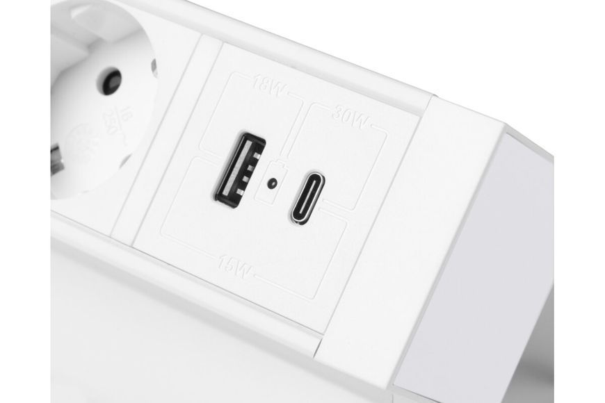 Блок розеток GTV Basco з кріпленням, 3 x SCHUKO, USB A+C, кабель 1,5m, білий AE-GMBAS3S2U-10 фото