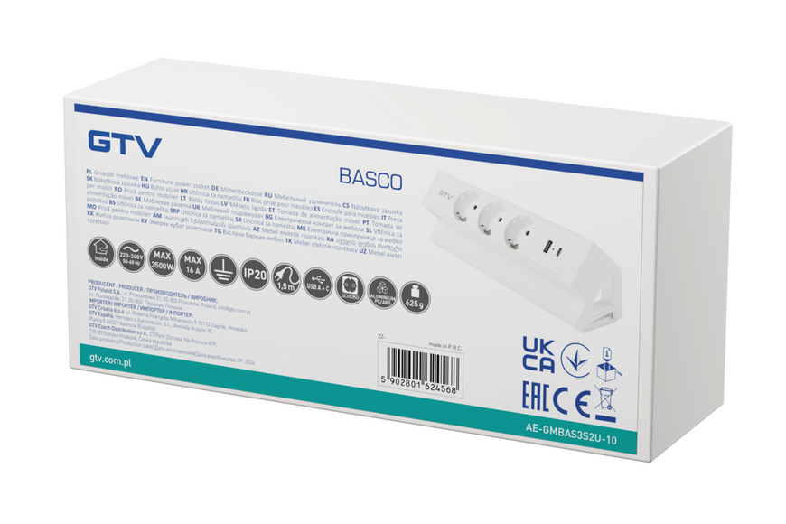Блок розеток GTV Basco з кріпленням, 3 x SCHUKO, USB A+C, кабель 1,5m, білий AE-GMBAS3S2U-10 фото