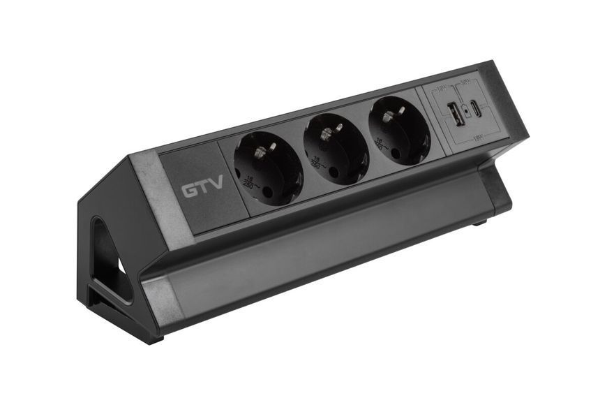 Блок розеток GTV Basco з кріпленням, 3 x SCHUKO, USB A+C, кабель 1,5m, чорний AE-GMBAS3S2U-20 фото