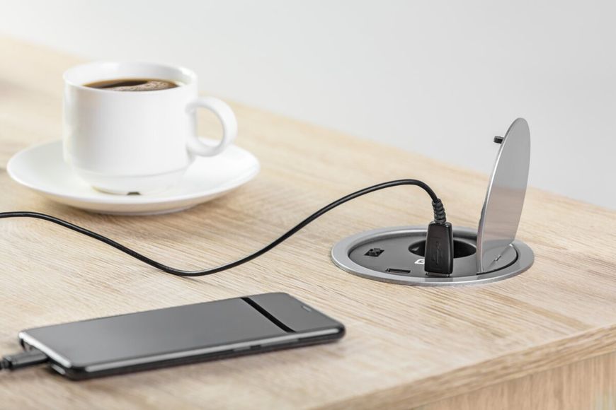 Блок розеток GTV CHARGER 1 розетка SCHUKO 2xUSB 2A 5V, 230V AC, 16A. 3600W, 1,5m кабель, Алюміній AE-BPW1S2UCH-80 фото