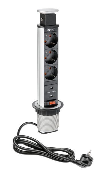 Блок розеток GTV d 60 3 розетки SCHUKO 2xUSB провід 1,5м Сірий AE-BPW3S60U-80 фото