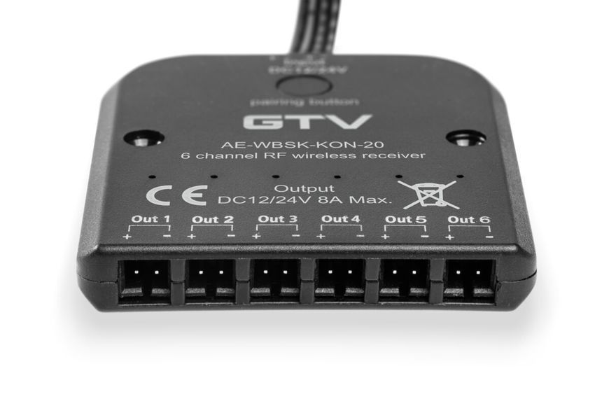 Приймач сигналу GTV SKY RF, 6 каналів, 8 А, 12/24 V, 96/192 W, кабель 2х1 м, 6 х міні AMP AE-WBSK-KON-20 фото