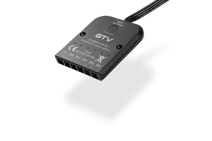 Приймач сигналу GTV SKY RF, 6 каналів, 8 А, 12/24 V, 96/192 W, кабель 2х1 м, 6 х міні AMP AE-WBSK-KON-20 фото