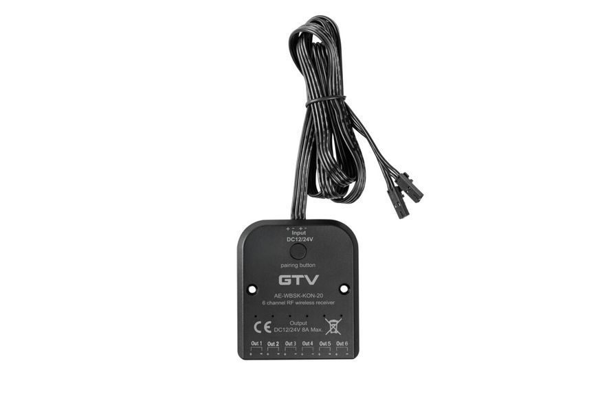 Приймач сигналу GTV SKY RF, 6 каналів, 8 А, 12/24 V, 96/192 W, кабель 2х1 м, 6 х міні AMP AE-WBSK-KON-20 фото