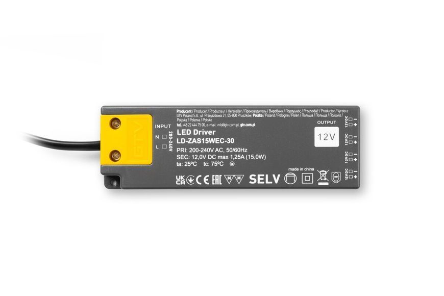 Трансформатор GTV SLIM EASY CLICK 12V 15W з проводом і miniAMP LD-ZAS15WEC-30 фото