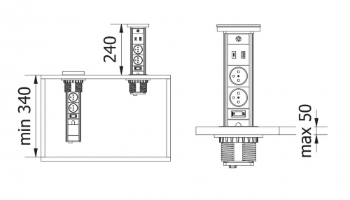 Подовжувач GTV CAMINO 100мм 2 розетки SCHUKO USB A+C WC 10W провід 1,5м Чорний